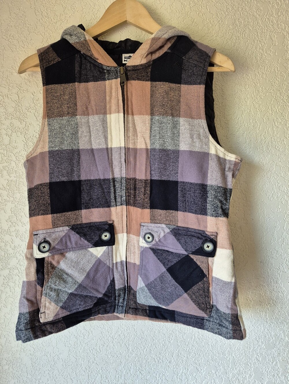 KAVU Plaid Campout Hooded Vest Womens Size L